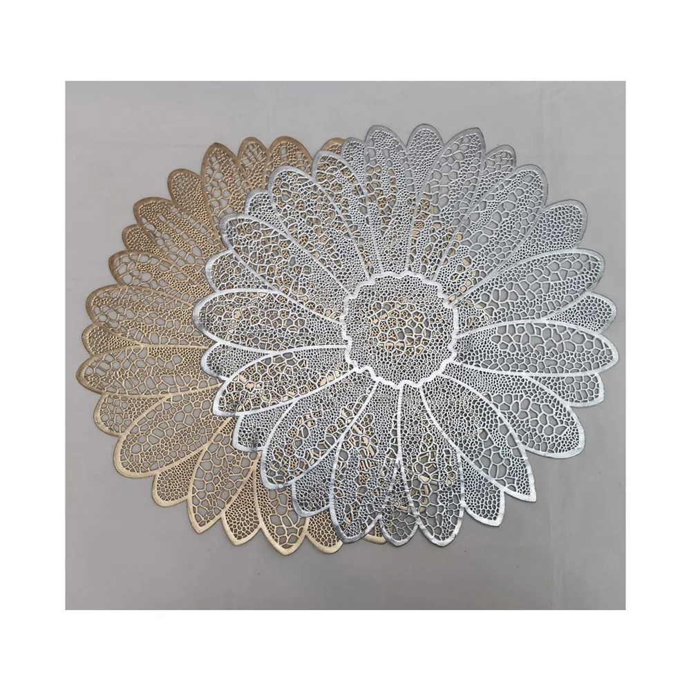 

Best Selling Simple Solid Color Nordic Chrysanthemum flower Design Non Slip Gold Placemat Pvc table mat, Gold,silver