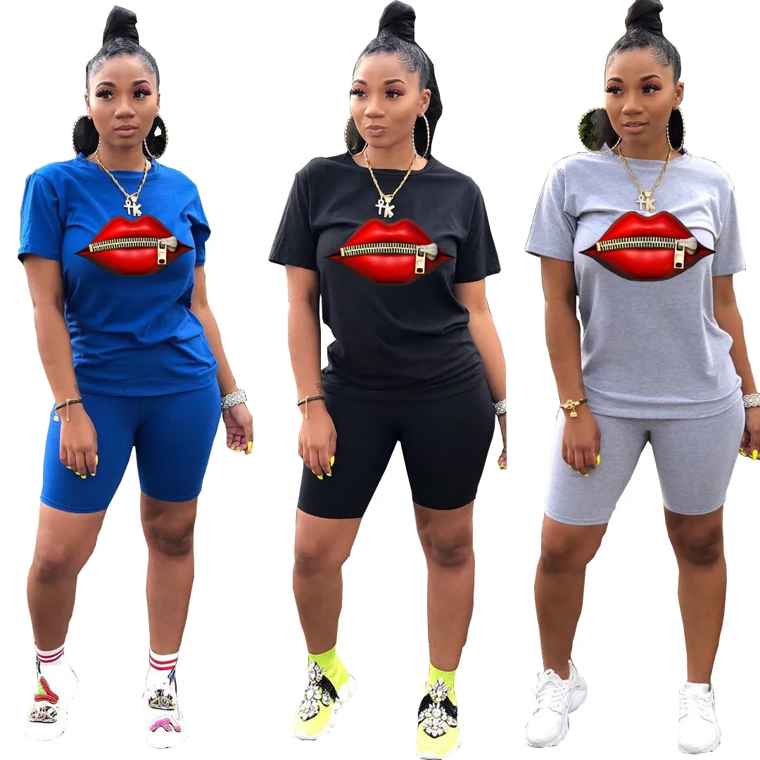 

Hot selling European and American women's solid color zipper lip pattern leisure sports two piece set