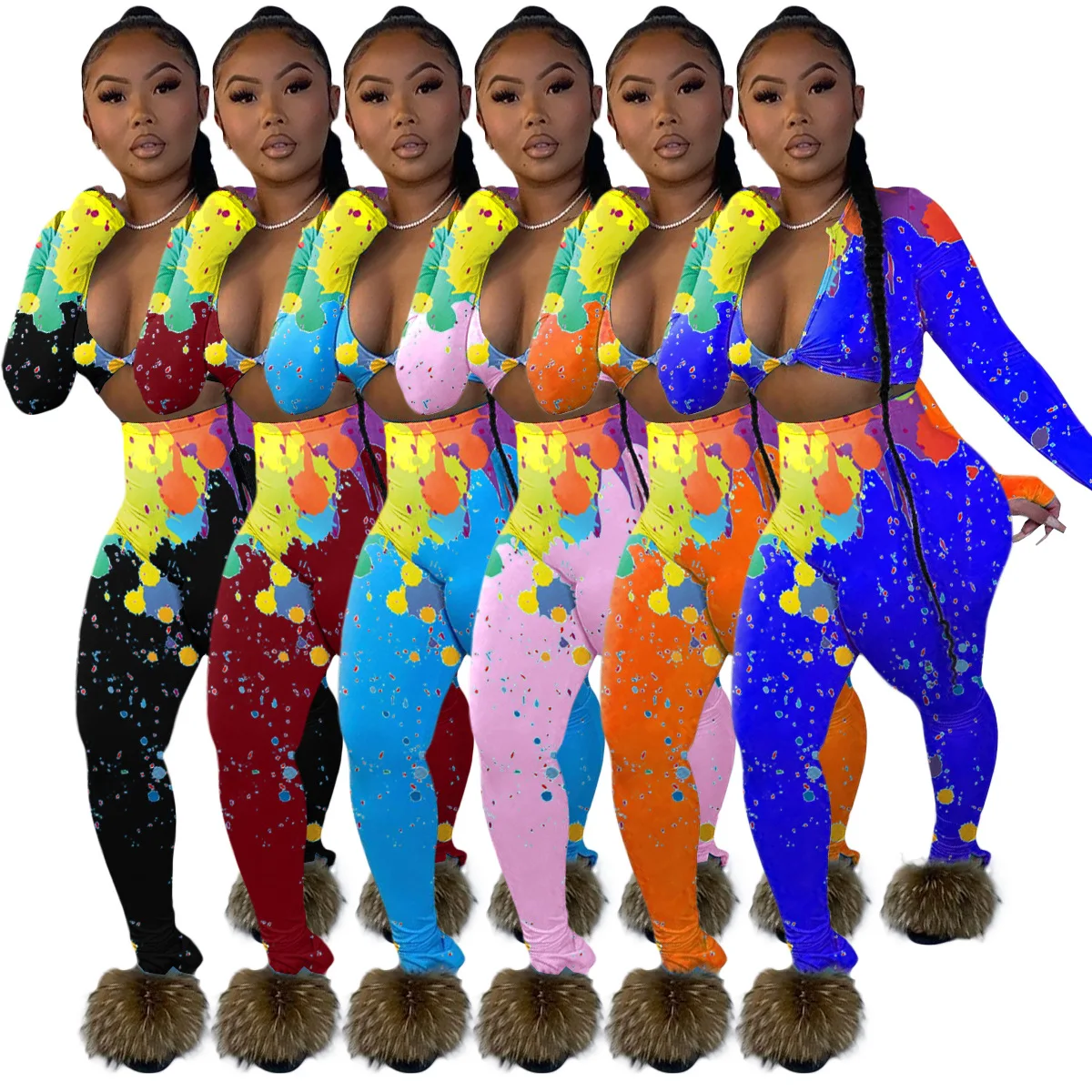 

Fashion women's pants split colorful splashed ink printing two-piece graffiti jogging suit, 6 colors