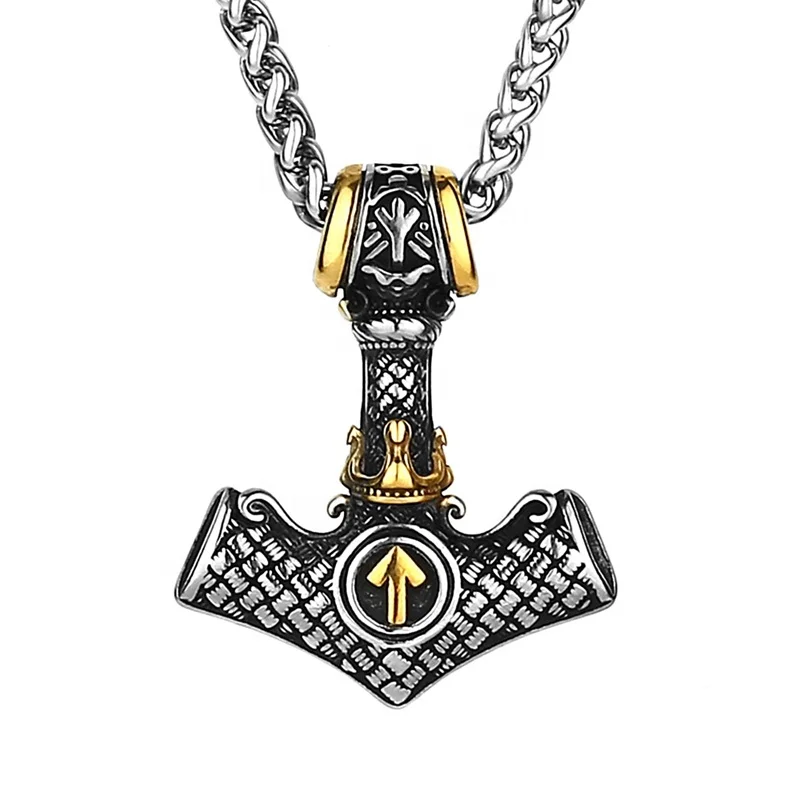 

2022 Odin Triangle Celtic Pendant Men's Vintage Stainless Steel Viking Thor Hammer Pendant Necklace, Silver,gold