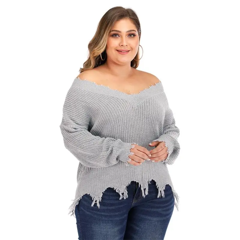 

Women's Long Sleeve V-neck Knitted Irregular Hem Pullover Tassels Sweater V-neck Stitching Tassel Thick Knit Pullover Sweater, White/grey/red/black