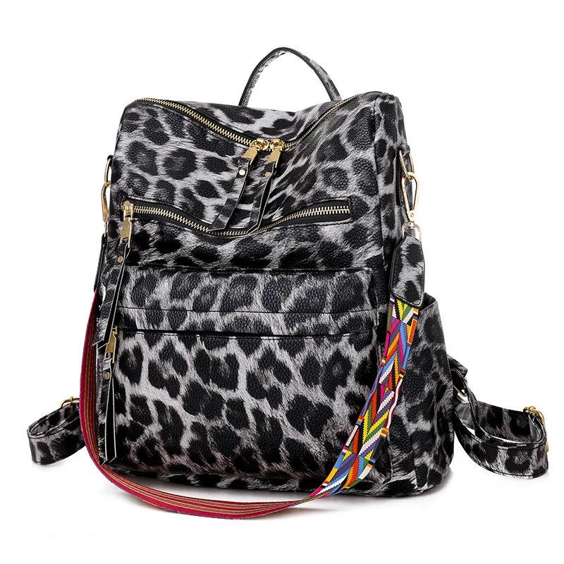 

New fashion women luxury leather backpack large capacity vintage print convertible leopard backpack with guitar strap