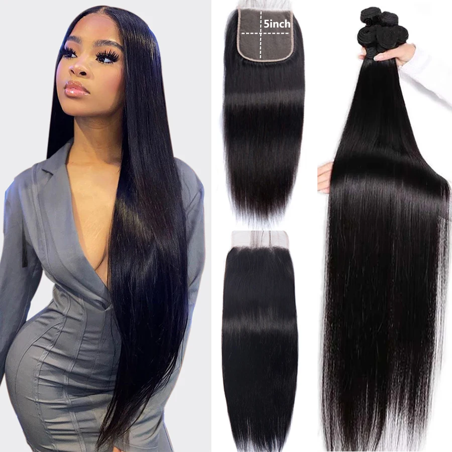 

Becharm 100% Human Hair Bundles with Closure Transparent Lace 5x5 Closure With Bundles Peruvian Straight Hair Bundels Wholelsale