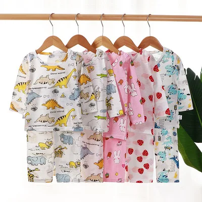 

Summer cotton boys and girls thin long-sleeved pajamas two-piece children's home clothes kids summer clothes suit wholesale