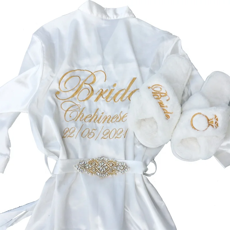

Embroidered Wedding Bachelorette Party Bride Gifts Satin Robe and Fur Slippers Set