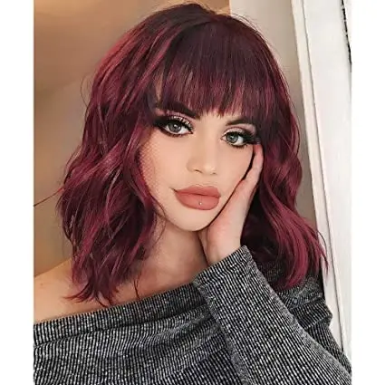 

Aisi Hair Wholesale Cosplay Vendor Water Wave Short Bob Wine Red Wig With Bangs For Black Women Synthetic Hair Wigs