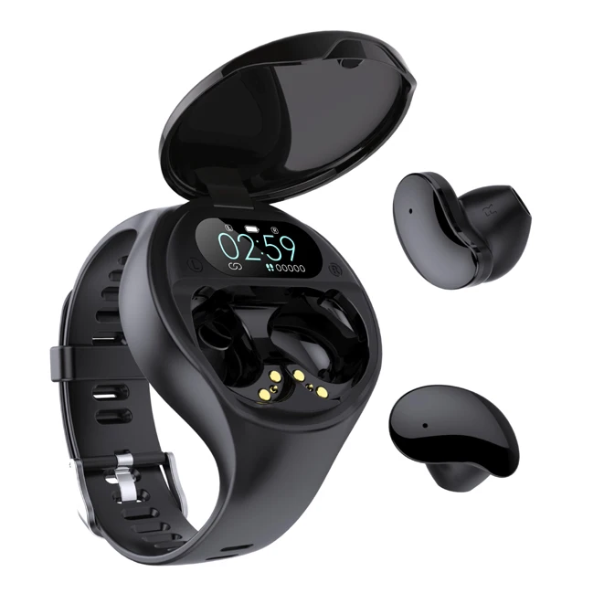 

W1 Newest arrival 2 in 1 wireless smart watch with earbuds headset smart bracelet tws earphones smartwatch earbuds, Black