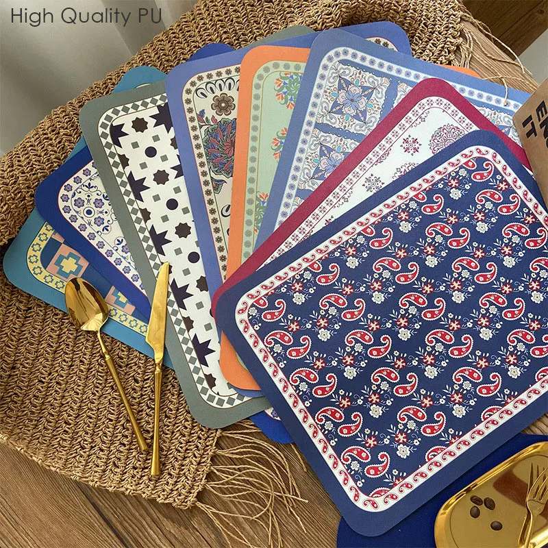 

Vintage printing PU dining heat resistant nordic table mats and coasters for home hotel party kitchen picnic