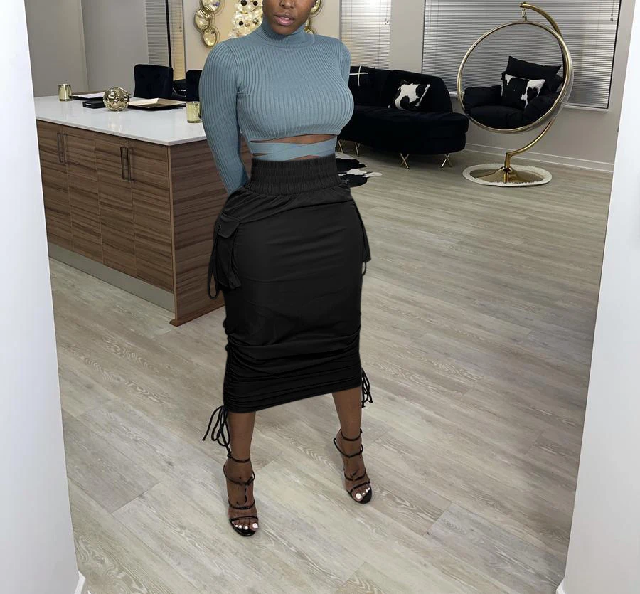 

W81004 - fashion solid midi pockets drawstring women skirt