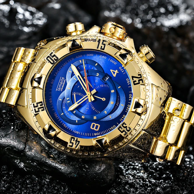 TEMEITE Quartz Mens Watches Top Brand Luxury Golden Clock 3 Time Zone Date Stainless Steel Strap Military Oversize Wristwatch