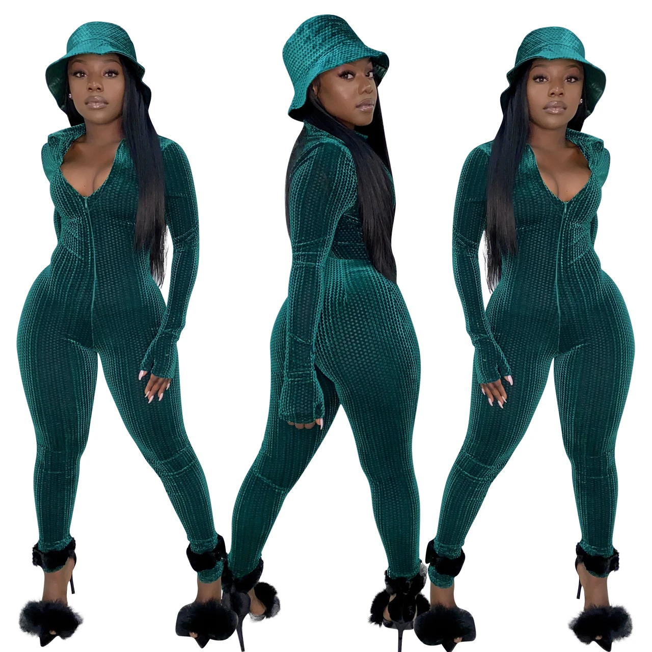 

2021 New Arrival Fall Spring Sexy Bodycon Skinny One Piece Jumpsuits for Women Long Sleeve Solid Flannel Bodysuit Women Clothing