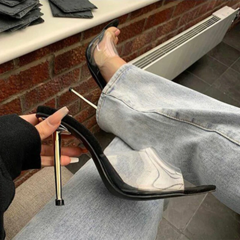 

New 2022 European and American transparent metal high heels simple pointed thin HEEL SANDALS SIZE 35-41