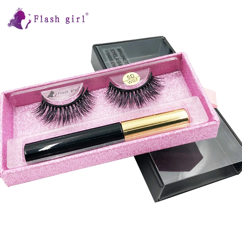 

Natural 5D mink magnetic eyelashes W-07 private label Liquid eyeliner and tweezer set with luxury box 1 pair customized