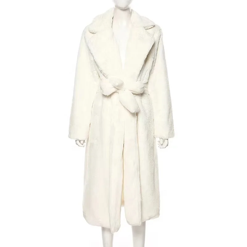 2021 Korean Fashion Fluffy Oversize Faux Fur Coat for Women White Winter Warm Long Outerwear Hood Lapel Sashes Cotton Padding