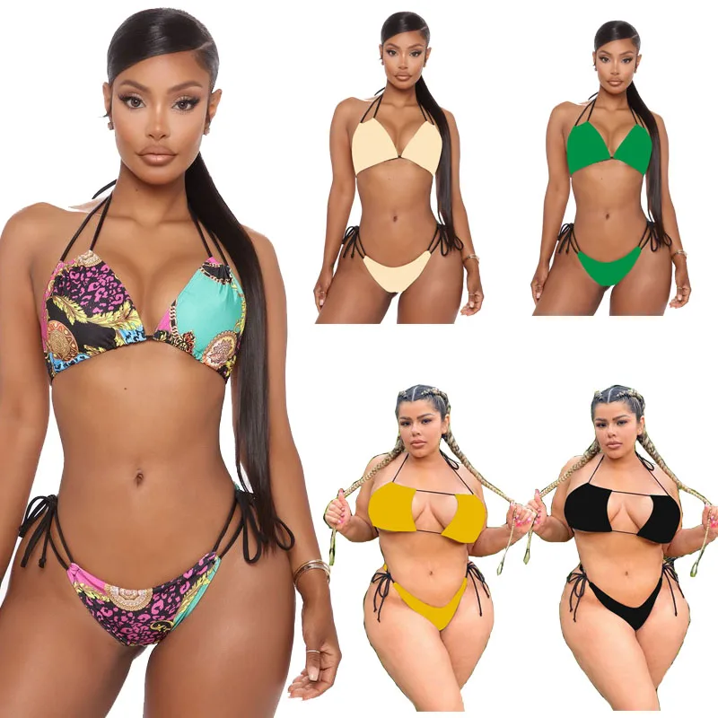 

Hot Selling Plus Size Swimwear 2021 Split Lace Print Bikini For Women Sexy Solid Swimsuit With Cover Ups, As pictures