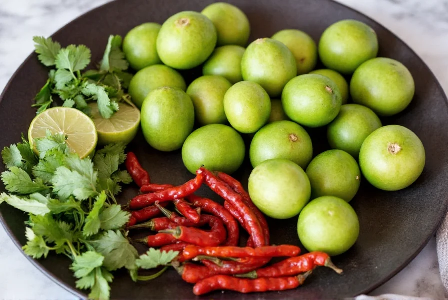 Fresh tomatillos, dried red chilies, and chipotle peppers arranged on a comal with cilantro and lime