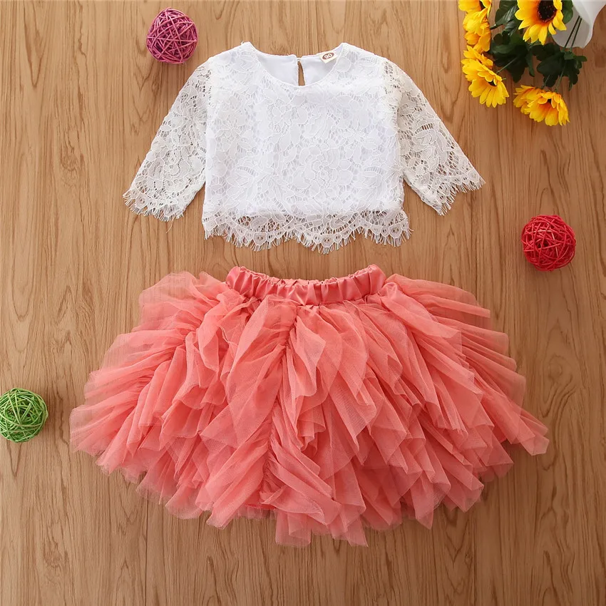 

Spring Autumn Kid Girl Outfit Long Sleeve Children Girl White Lace Top + Pink Tulle Skirt 2pcs Children Girl Clothing Set, Pink white