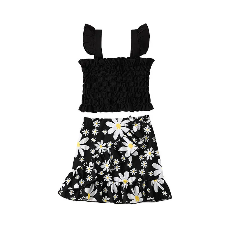 

1-6 Years Kids Girls Clothes Sets 2 Pieces Outfit Sleeveless Ruffles Tank Top Flower Skirt Summer Casual Clothing Set, As pictures