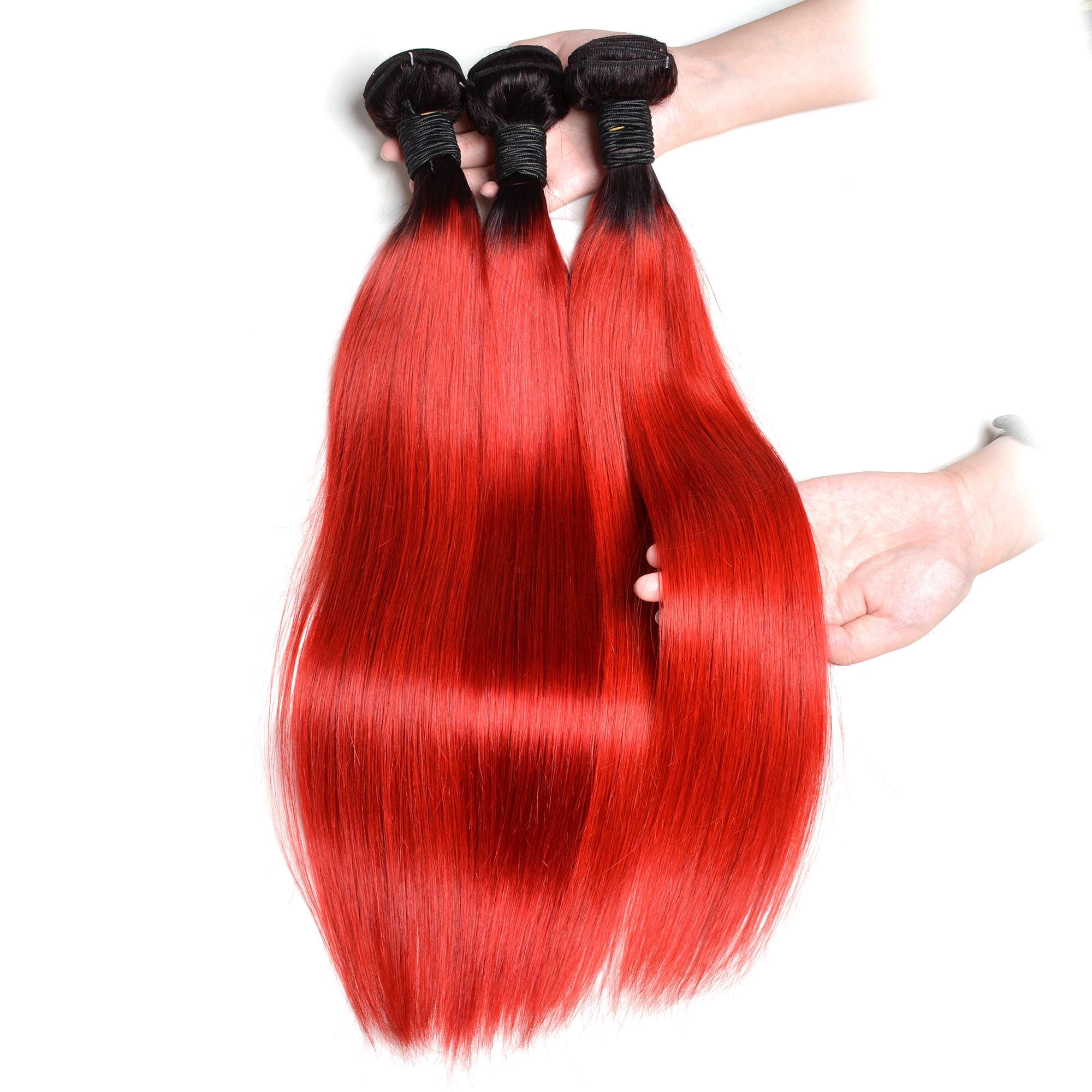 

100% raw virgin brazilian hair,3 bundles high quality women 1b red ombre colored long hair weave bundles