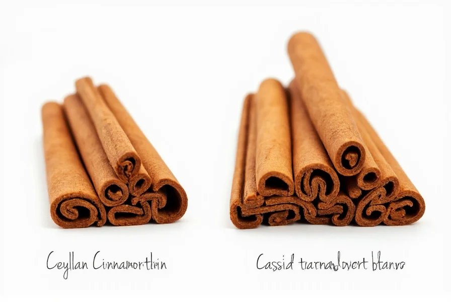 Side-by-side comparison of Ceylon cinnamon sticks (thin, multiple layers) versus Cassia cinnamon sticks (thick, single layer)