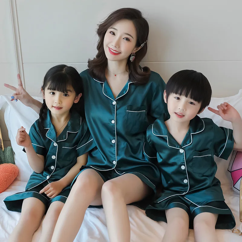

Short Pajamas Solid Color Satin Women Plain Summer Kids Stain Family Pajamas