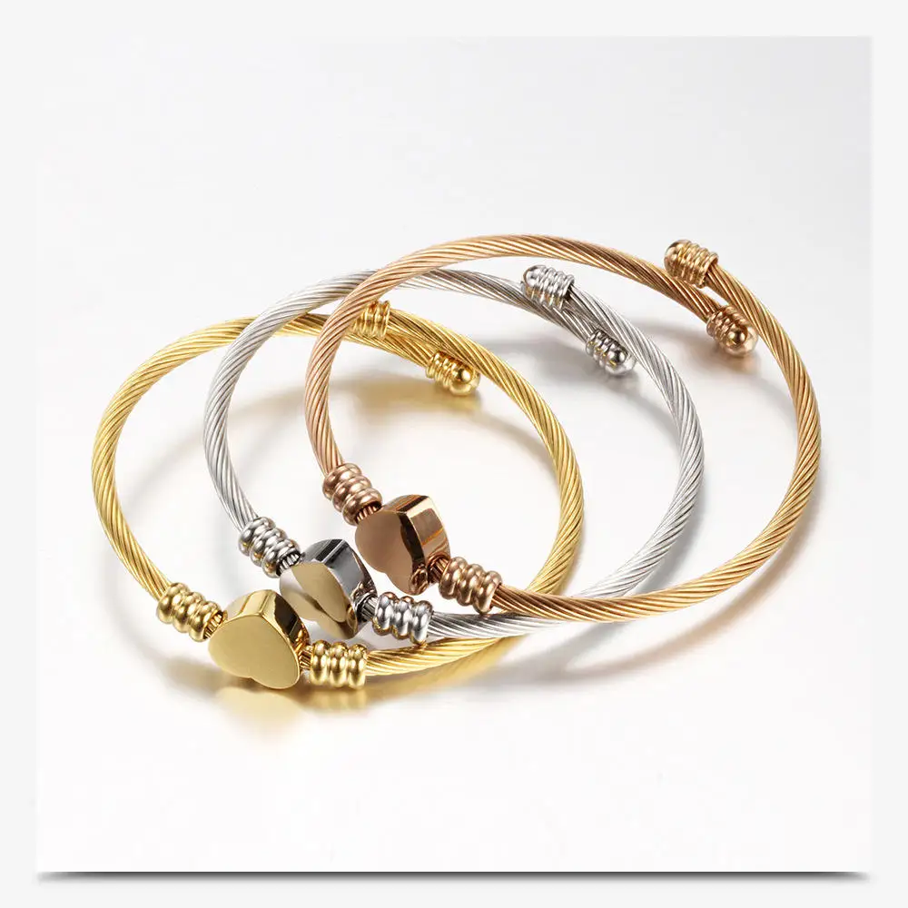 Fashion Tricolor Stainless Steel Wire Braided Bracelet Rose Gold Titanium Steel Heart Shaped Bracelet For Women