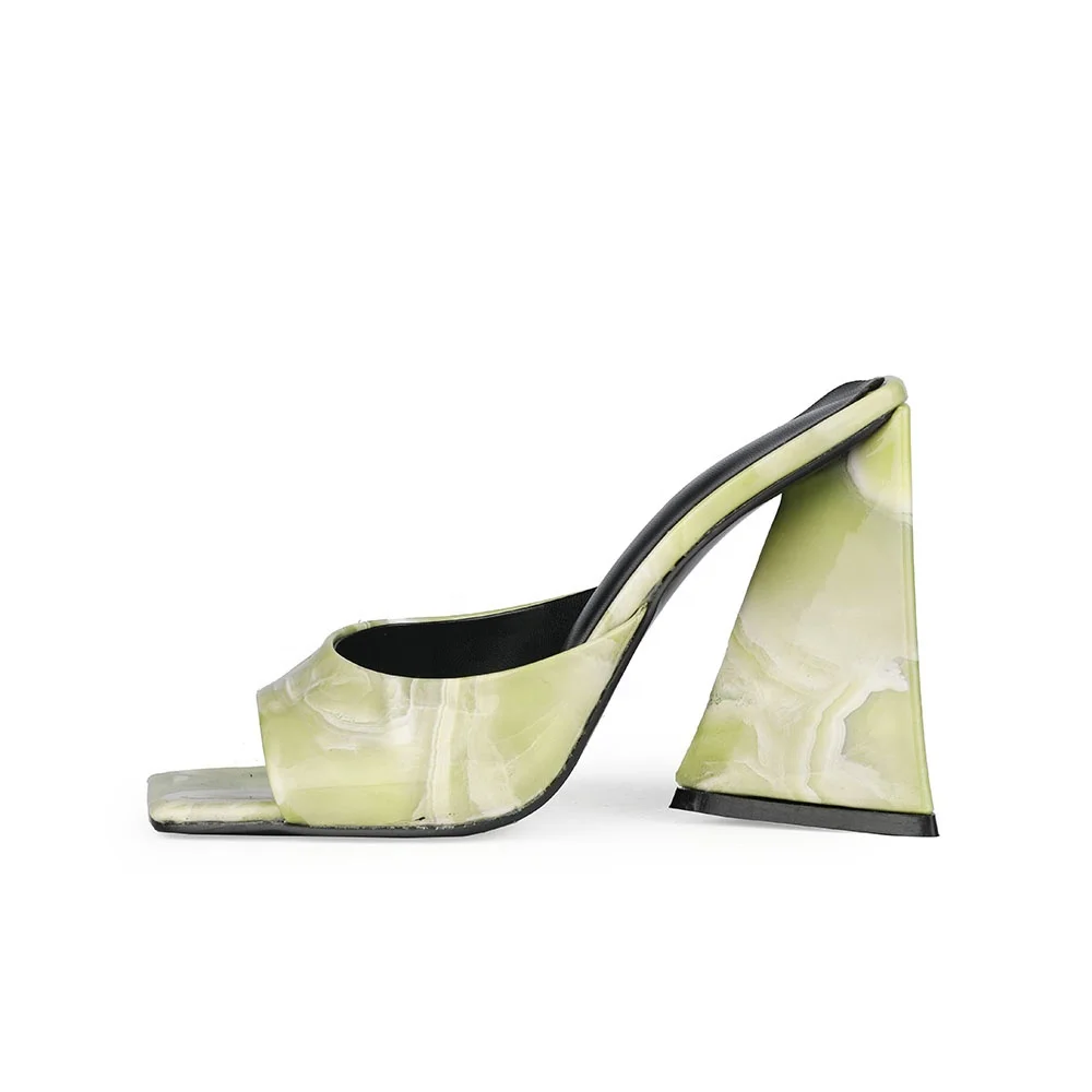 

2021 Summer High Heels Slippers Marble Pattern Women Block Heels Mules Heels of Ladies Big Size Sandals