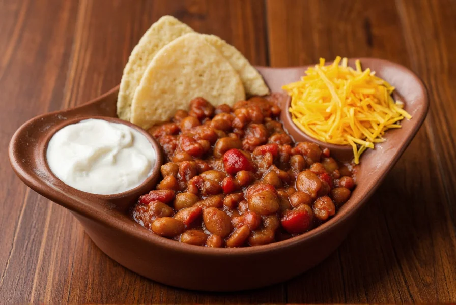 Ceramic chili triple dipper serving dish with steaming chili in center compartment, sour cream in left section, and shredded cheddar in right section on wooden table