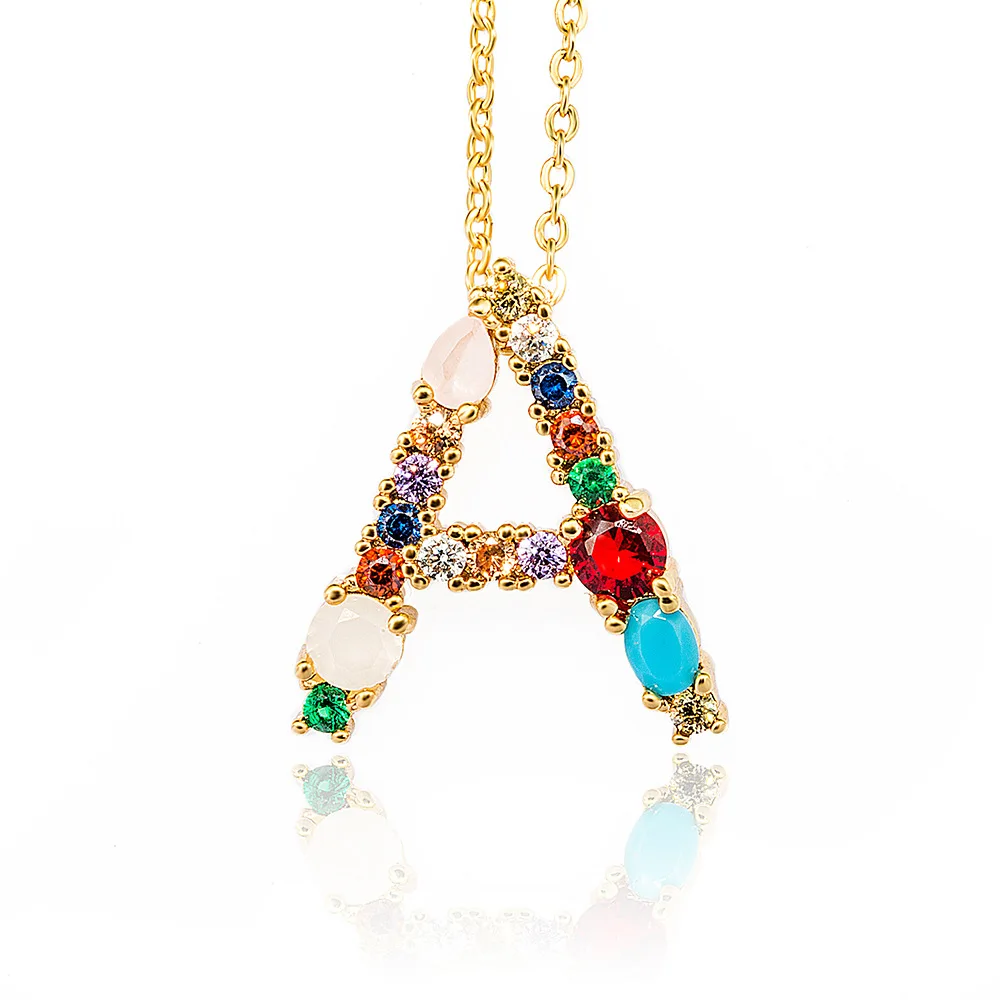 

Factory Gold Plate Brass Rainbow Colorful Zirconia Initial Letter Necklace