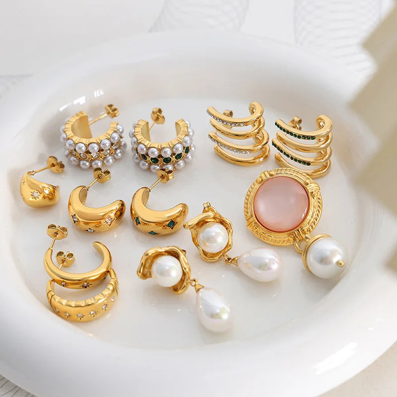 

Statement Fashion Jewelry Gold Plated Pearl Drop Earrings Zirconia Hoop Earrings Stainless Steel Earrings Accessories For Women