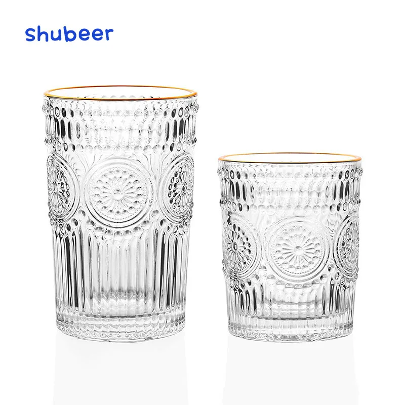 

Retro embossed gold-rimmed glass round sunflower water cup high-end restaurant cold drink cup milk tea shop juice cup, Clear