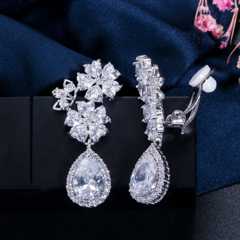 Elegant Flower Shape Bridal Wedding Jewelry Cubic Zirconia Crystal Clip on Earings for Non Pierced Ear Hole