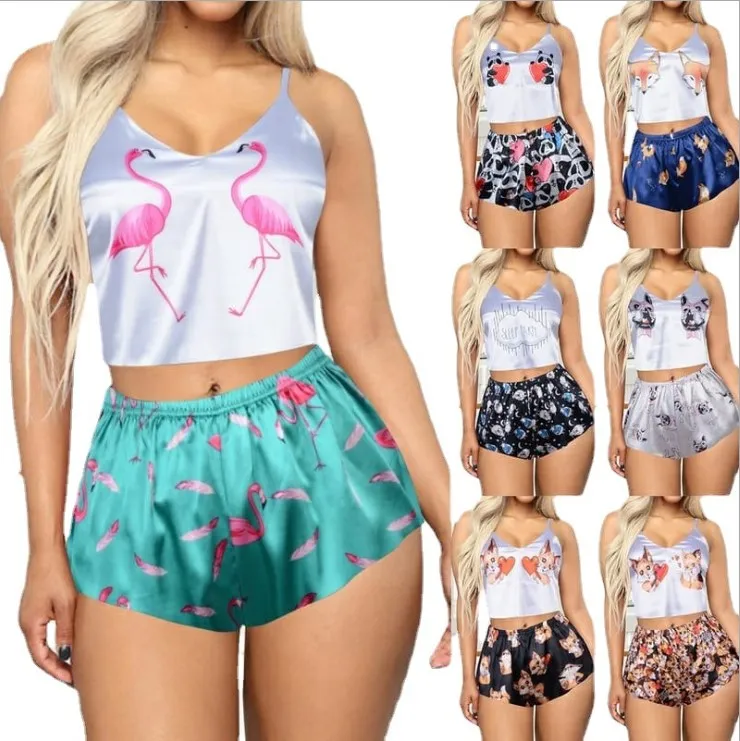 

YJC0507 Ladies pajamas set love printed with cute foxes cartoon pattern silk sleepwear V-neck satin sleepwear nightwear suits, Black,white,red,purple,pink,green,yellow...