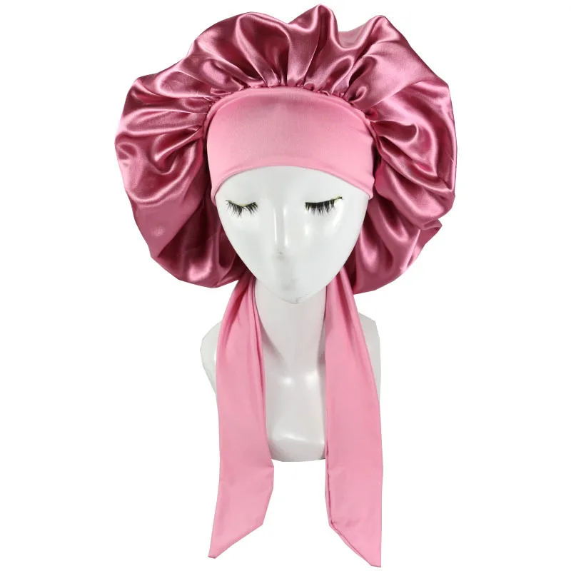 

Hot Extra Large Satin Hair Bonnet With Wrap Sleeping Bonnets With Belt Band Tails Silk Tie Bonnet De Nuit Satin