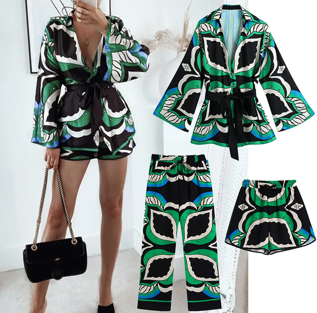 

Fashion Print Long Sleeve Blouses Shirts And Shorts Pants Sets For Women, 1colors