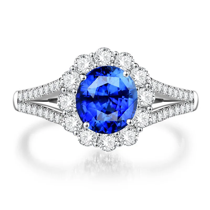 

European And American Petal Full Diamond Sapphire Ring Female Micro-Set Zircon Four-Prong Blue Crystal Diamond Ring Female
