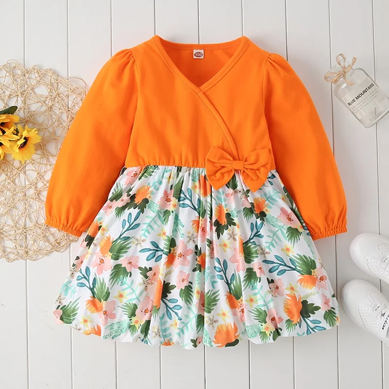 

Flower Girl Dresses for Wedding Party Spring Fall Puff Sleeve Bow V-neck Girls Dress 2022 New Sweet Patchwork Kids Clothes 1-6Y