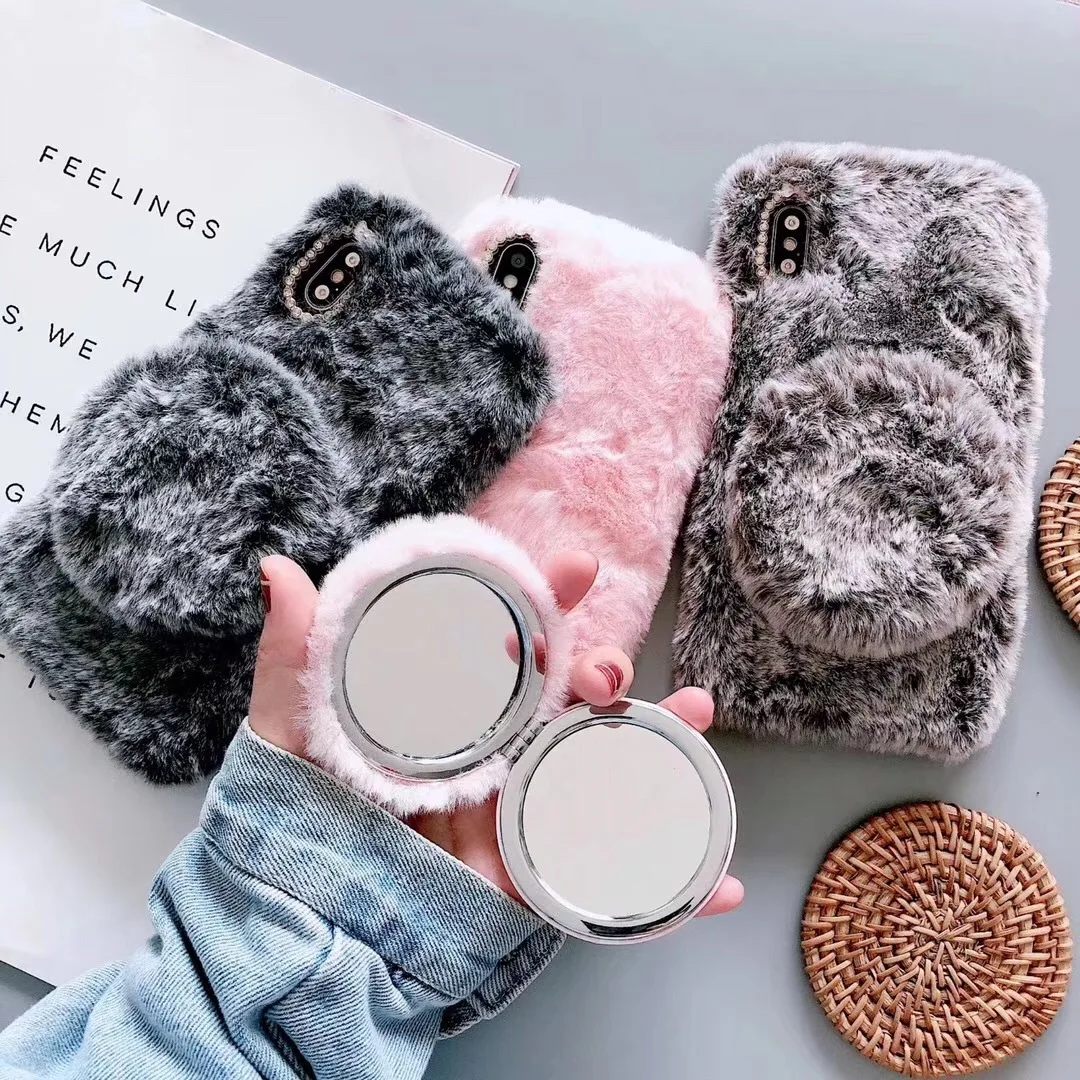 

tpu fur plush 2 in 1 hybrid soft winter cute plush ball makeup mirror unique Magnetic girly phone case for iphone 11 pro 7 8 xs