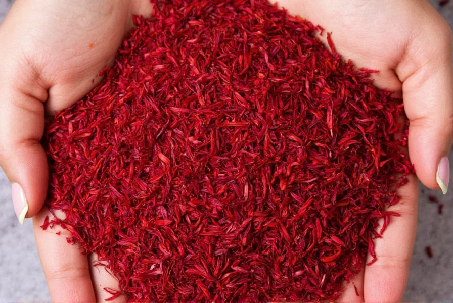 Saffron threads in glass vial next to measuring spoon showing actual culinary usage amount