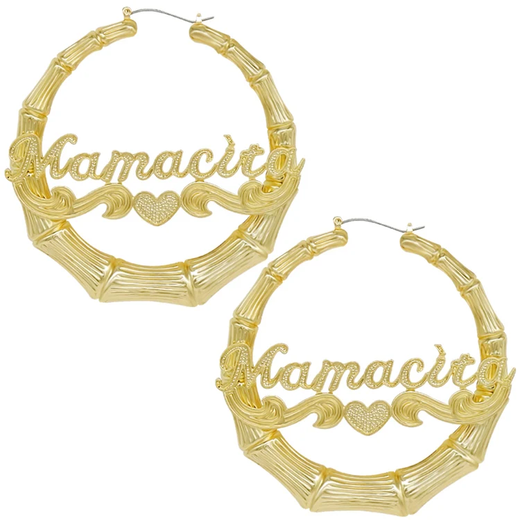 Big gold plated bamboo name custom earrings with logo