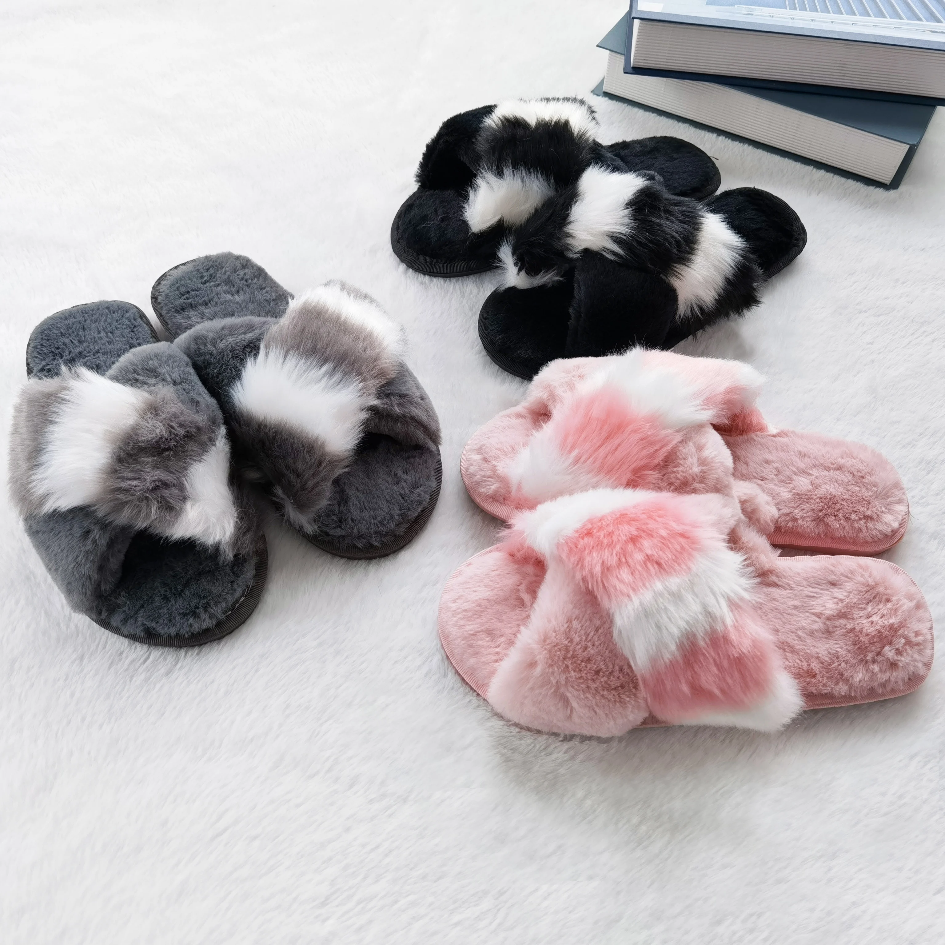 

Women Fashion Soft Indoor Home Fluffy Fuzzy Slippers Fur Open Toe Fur Slides Slippers