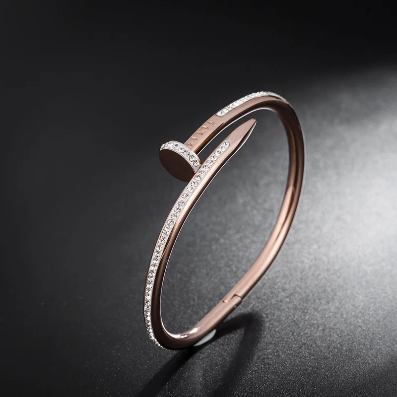 

Luxury Stainless Steel Cuff Bangle Women Fashion Rose Gold Nail shape Crystal Charm Bracelet (SK789), As picture