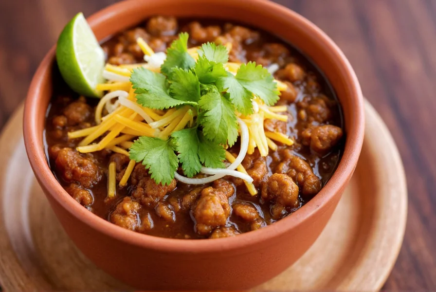 Authentic New Mexican green chili served in a traditional clay bowl with garnishes including shredded cheese, fresh cilantro, and lime wedges