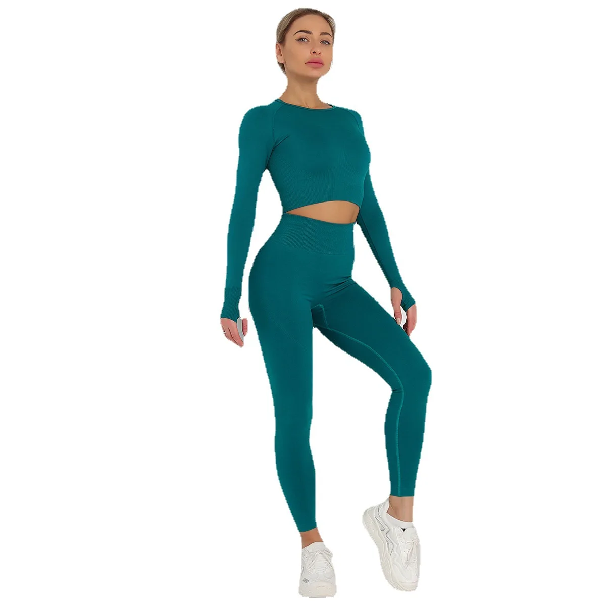 

Long sleeve trousers yoga suit Knitted solid color seamless long-sleeved trousers yoga suit sports and fitness two-piece suit