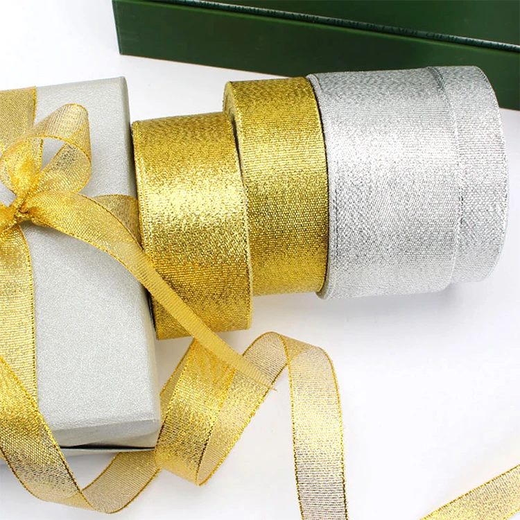 

Lvshow Decorative colorful glitter custom gold and silver metallic ribbon/ ribbon roll/ ribbons metallic, Gold/ silver
