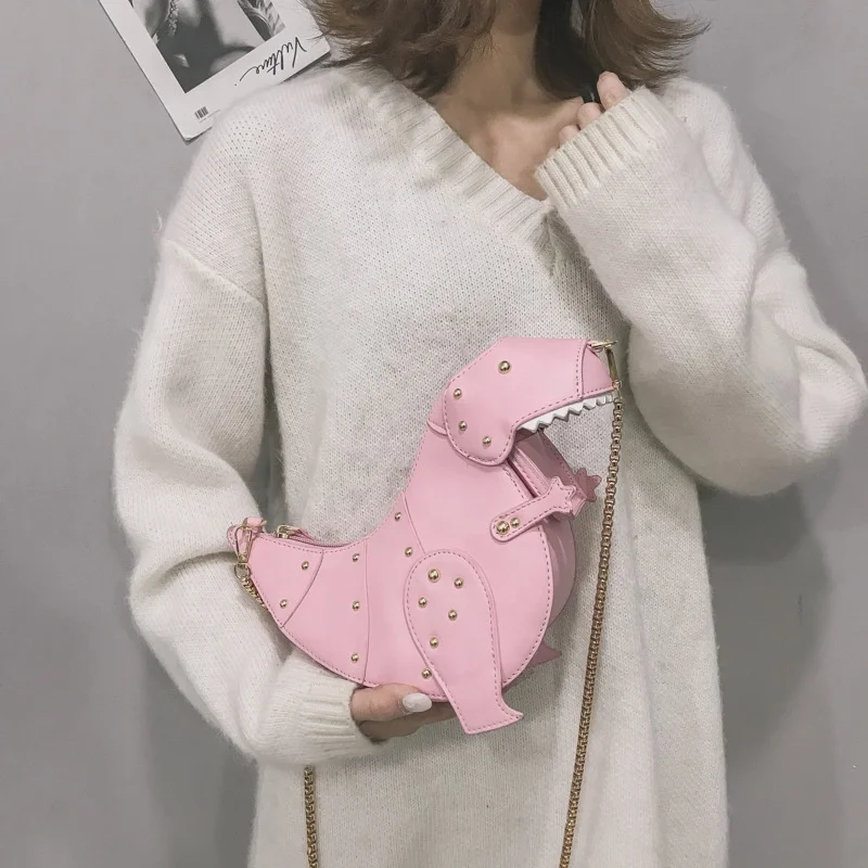 

Pink Dinosaur Design Rivets Purses Shoulder Chain Designer Small Crossbody Pu Leather Girls Female Clutch Handbags Bag, 3 colors