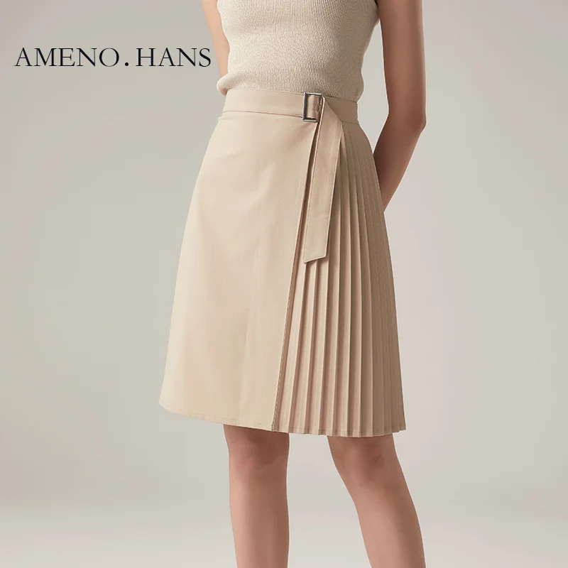 

women plus size a line skirts high waist pleated skirt, Beige
