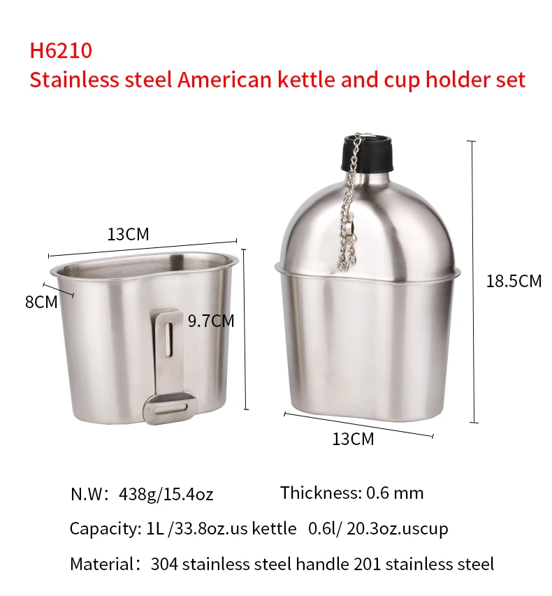 Army with Cup with foldable handle Set Details about    Canteen Military  Stainless Steel G.I 