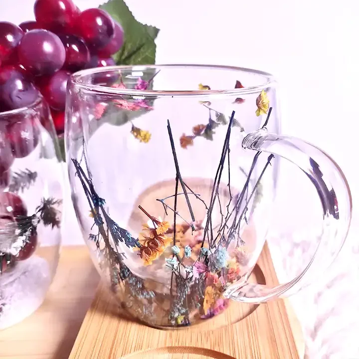 Christmas New Year dried flower high borosilicate transparent double-wall glass creative coffee cup with handle