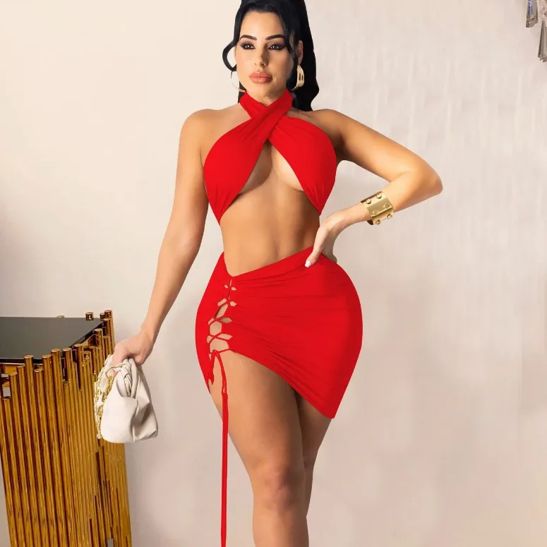 

X02824C Beach Sexy Women Two 2 Piece Set Outfits Multiwear Crop Tops and Lace Up Midi Mini Skirts Matching Set Tracksuit, Black